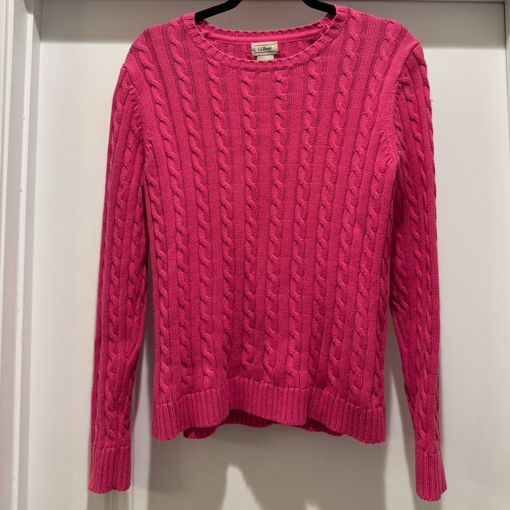 L.L. Bean Pink Cable Knit Sweater Medium Cotton Crewneck Classic Preppy